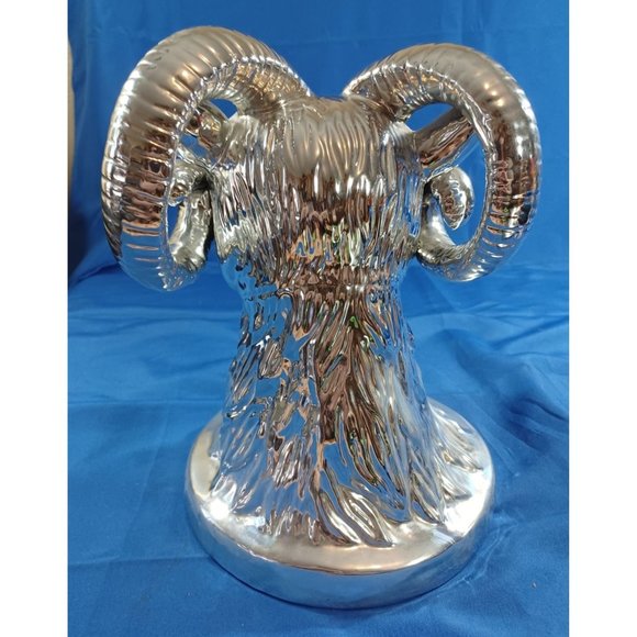 Silver Metallic 12.5" Ceramic Ram Head Bust Statue Sculpture Rustic Man Cave LA - Picture 9 of 9